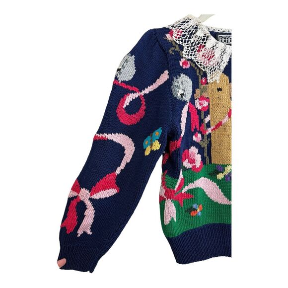Berek Hand Knit Sweater Sz Petite Lace Collar Vtg 80s Wishing Well Flowers Cat - Picture 2 of 11